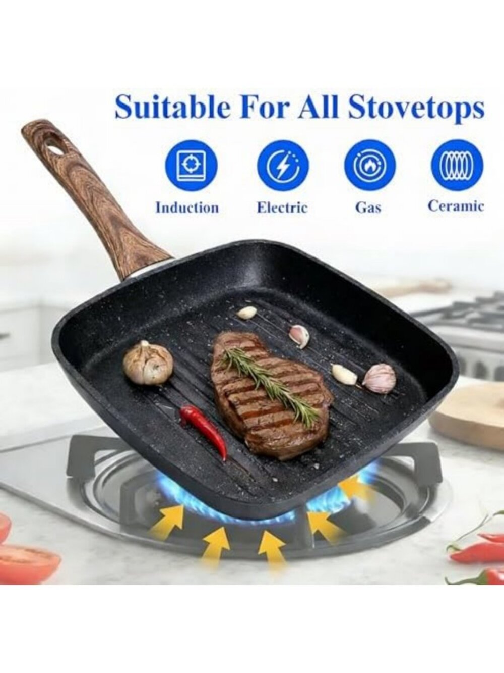 Versatile Nonstick Grill Pan Set - 3 Square Skillets with Wooden Handles, PFOA - Picture 4 of 7